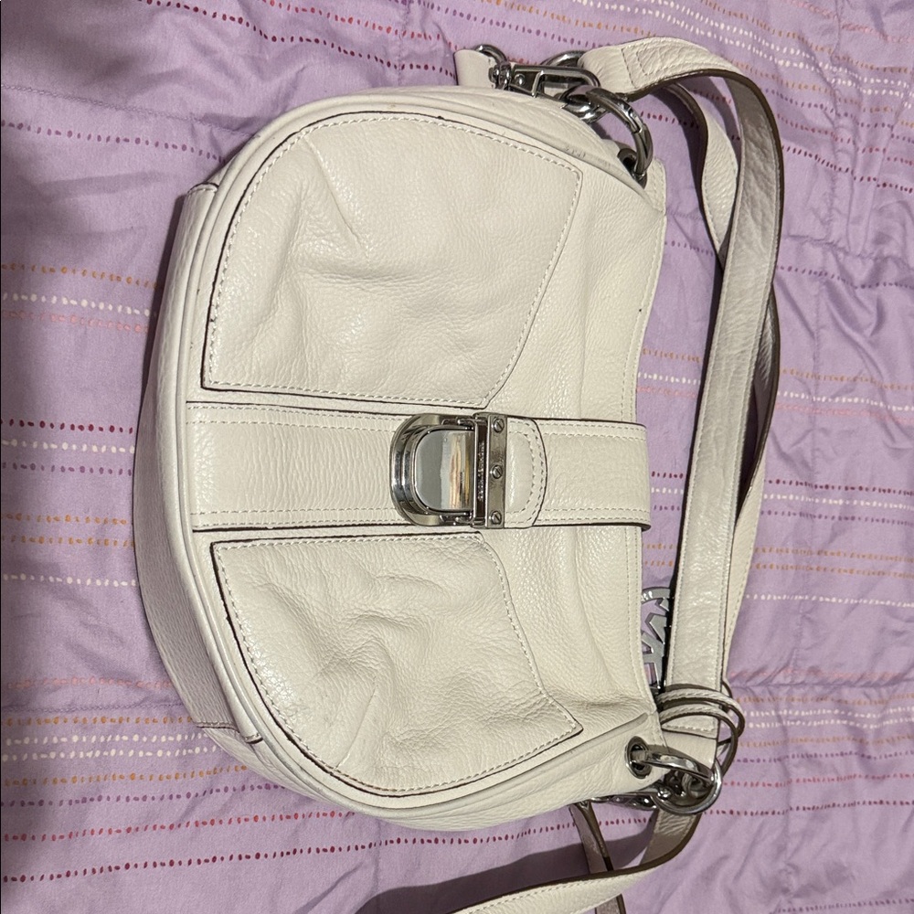 Michael Kors White Leather Shoulder Bag with Silver Accents
